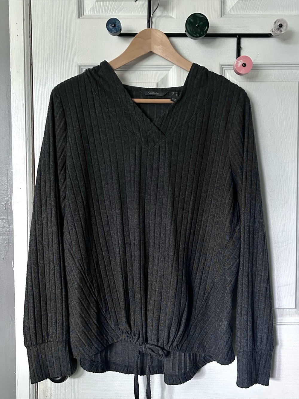 AnyBody Charcoal Ribbed V-Neck Sweater Hoodie
